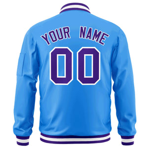 Custom Powder Blue Purple-White Varsity Full-Zip Letterman Bomber Jacket