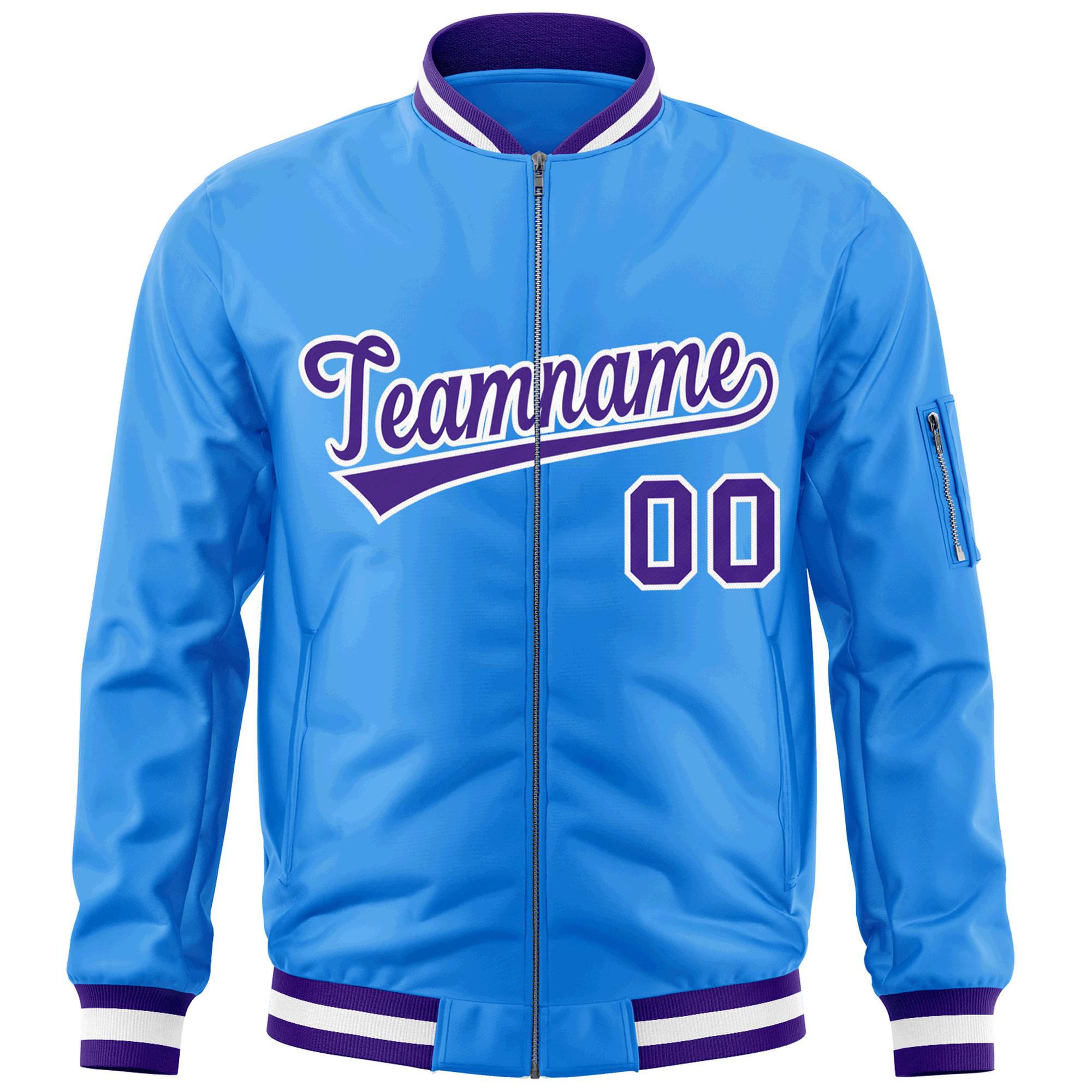 Custom Powder Blue Purple-White Varsity Full-Zip Letterman Bomber Jacket