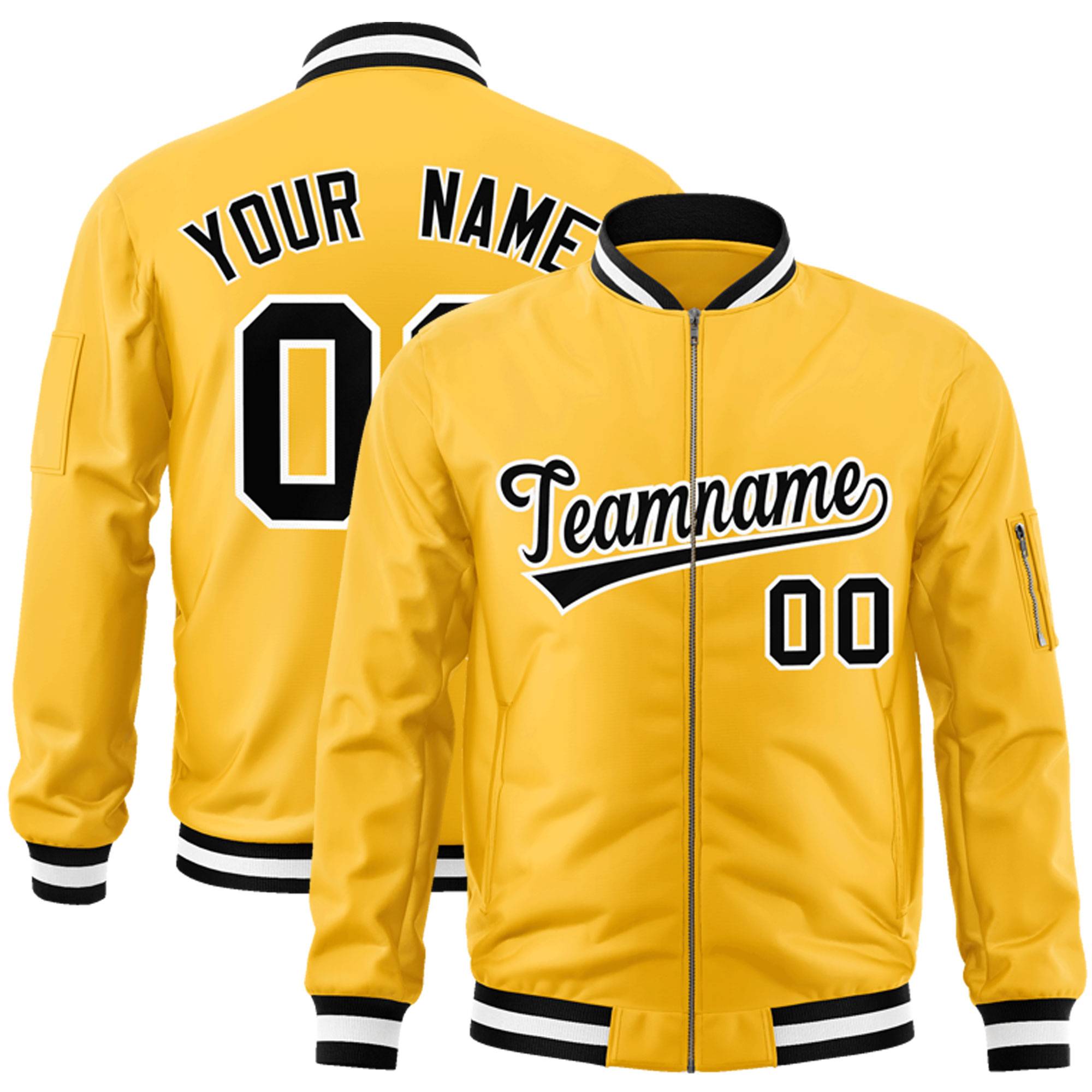 Custom Gold Black-White Varsity Full-Zip Letterman Bomber Jacket