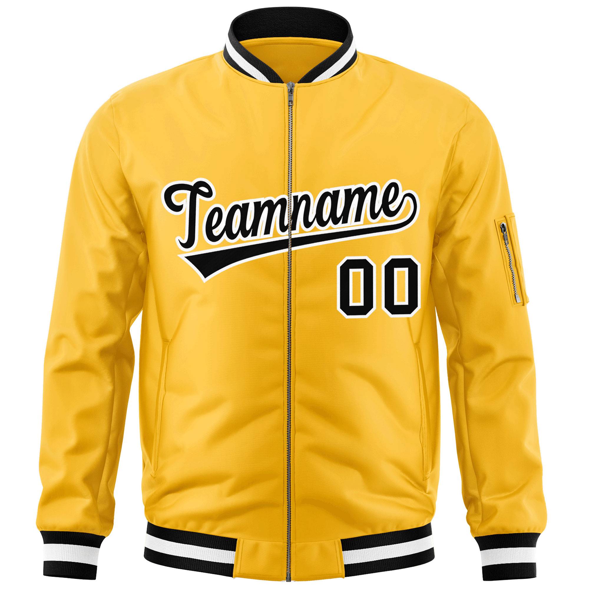 Custom Gold Black-White Varsity Full-Zip Letterman Bomber Jacket