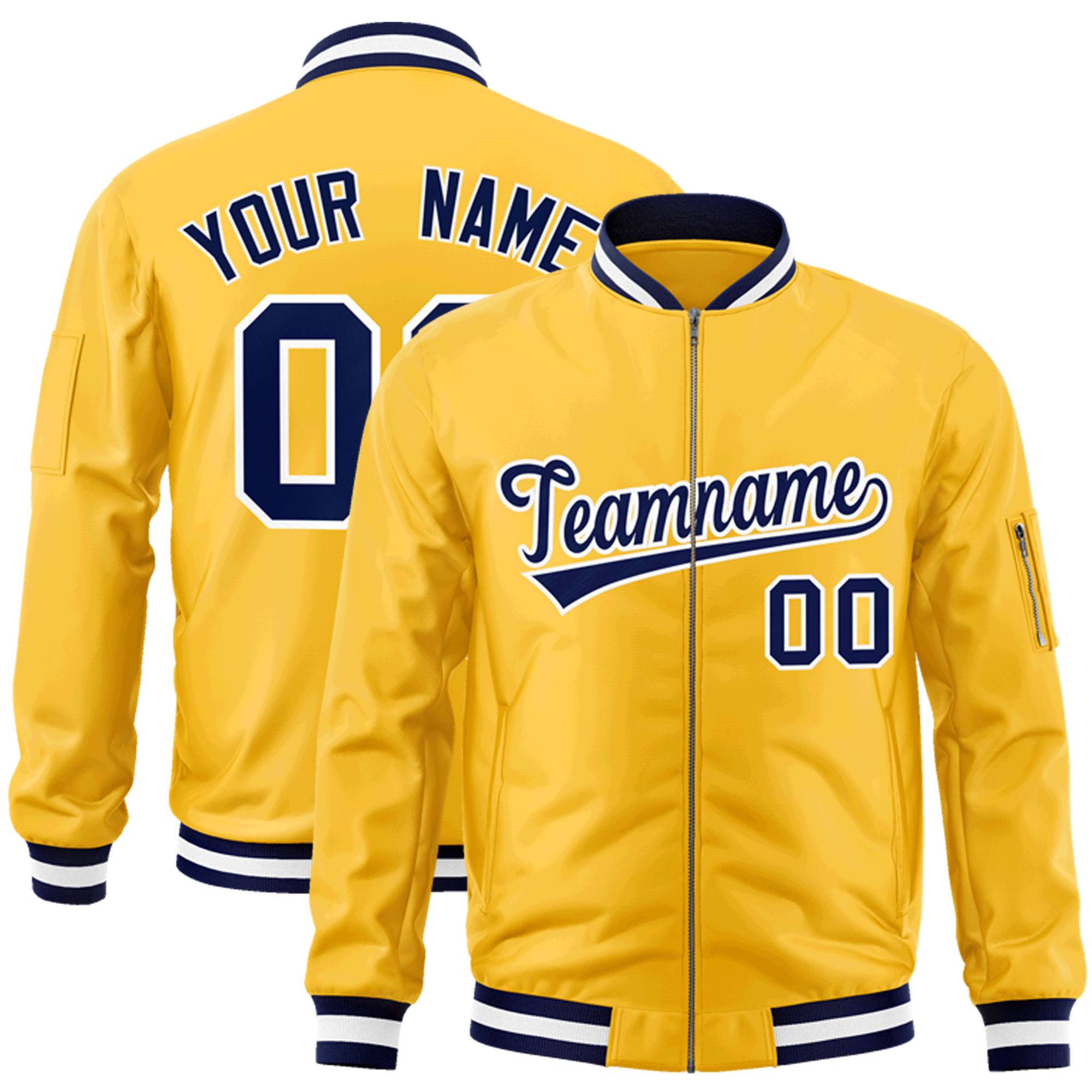 Custom Gold Navy-White Varsity Full-Zip Letterman Bomber Jacket