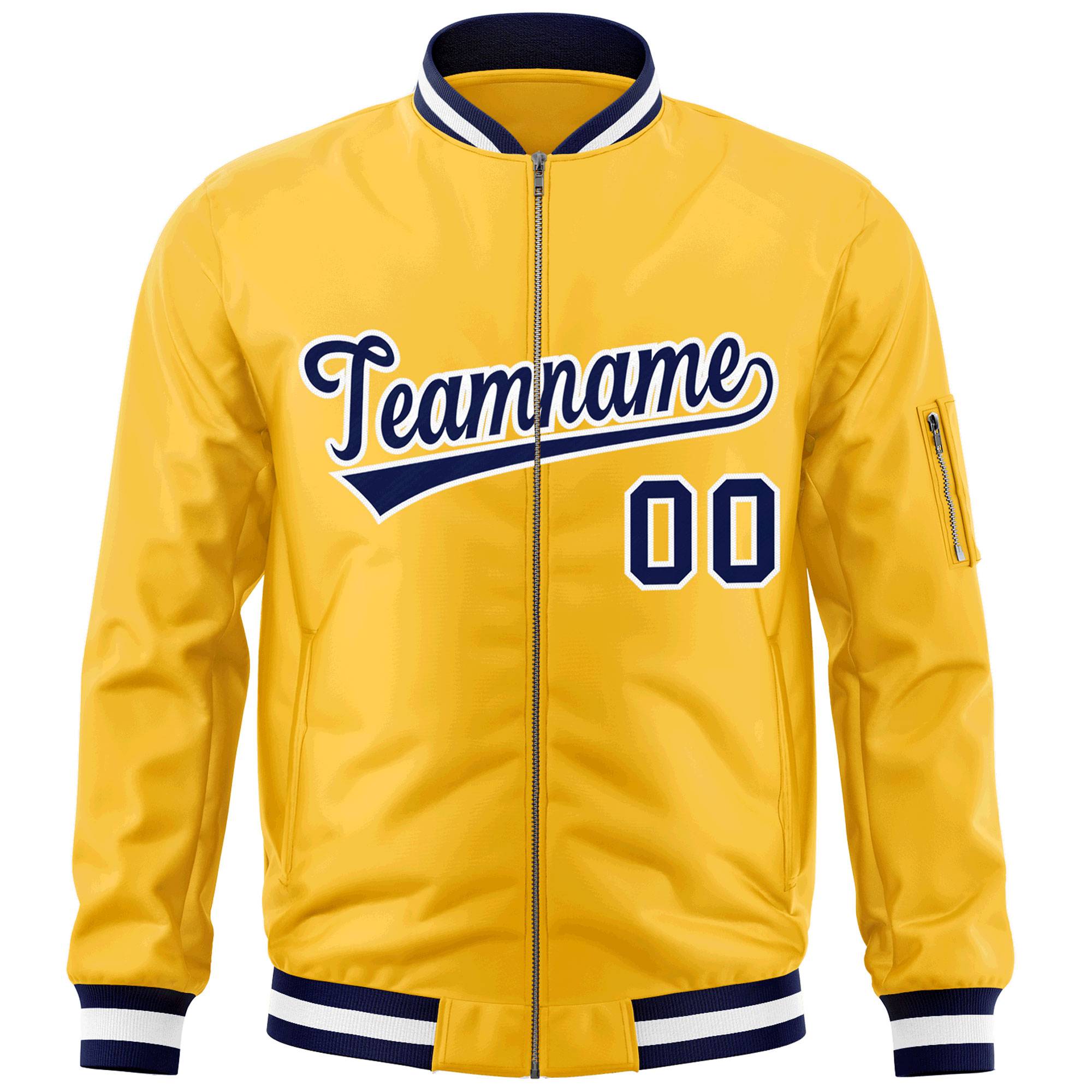 Custom Gold Navy-White Varsity Full-Zip Letterman Bomber Jacket