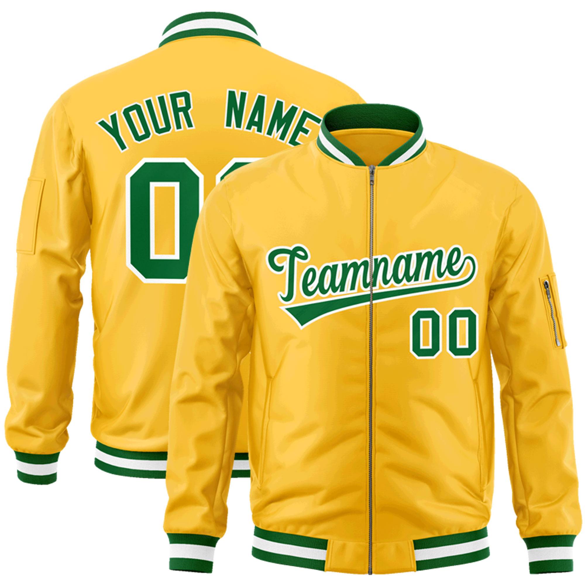 Custom Gold Kelly Green-White Varsity Full-Zip Letterman Bomber Jacket