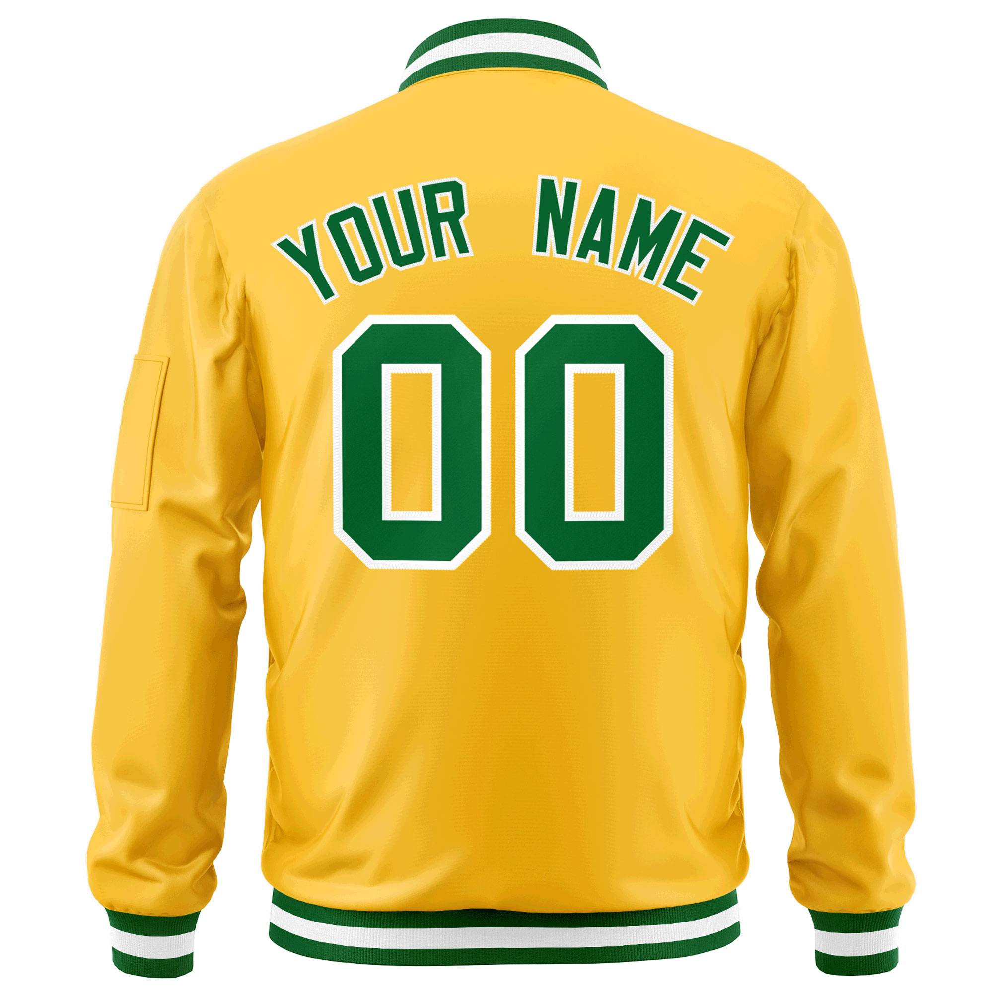 Custom Gold Kelly Green-White Varsity Full-Zip Letterman Bomber Jacket