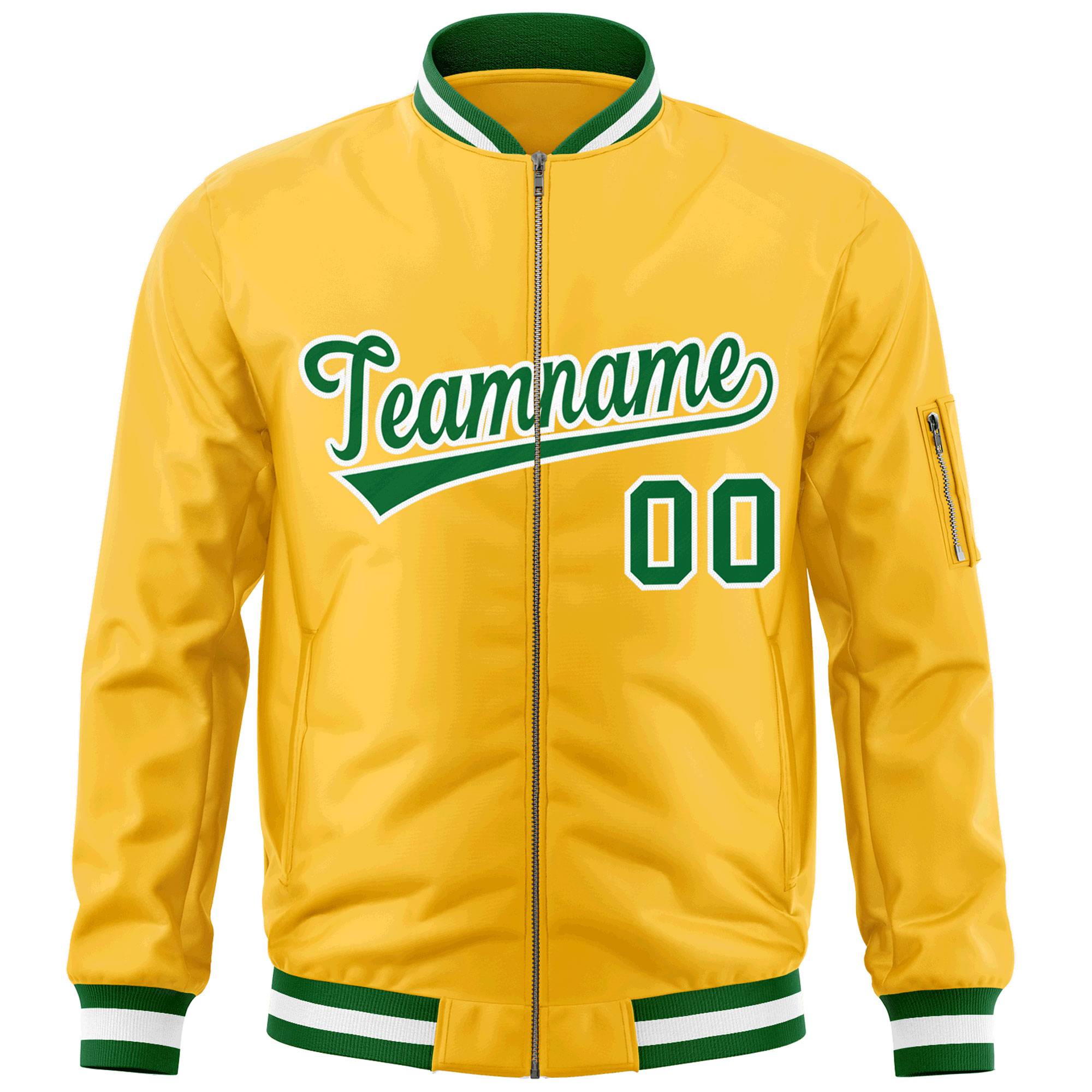 Custom Gold Kelly Green-White Varsity Full-Zip Letterman Bomber Jacket