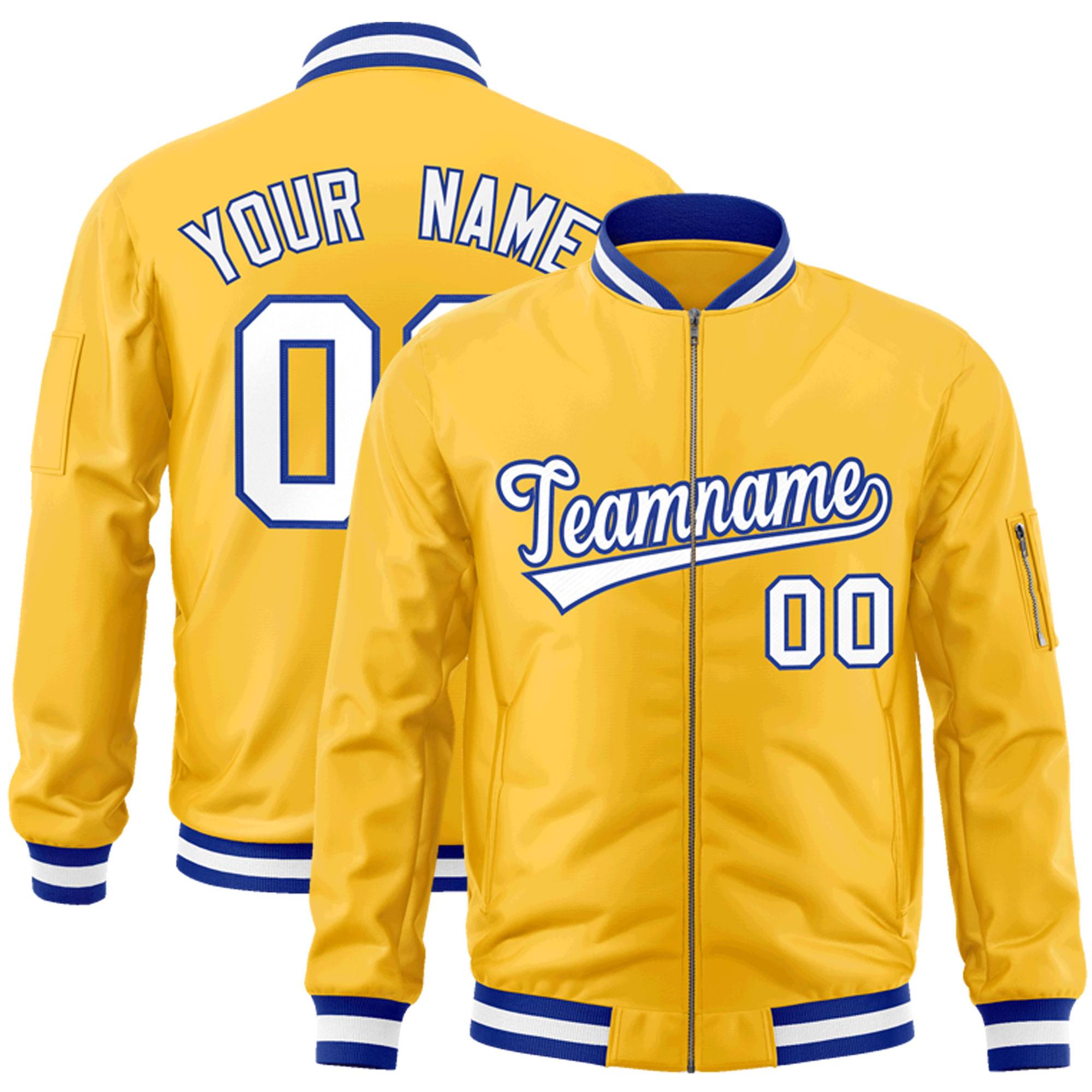 Custom Gold White-Royal Varsity Full-Zip Letterman Bomber Jacket