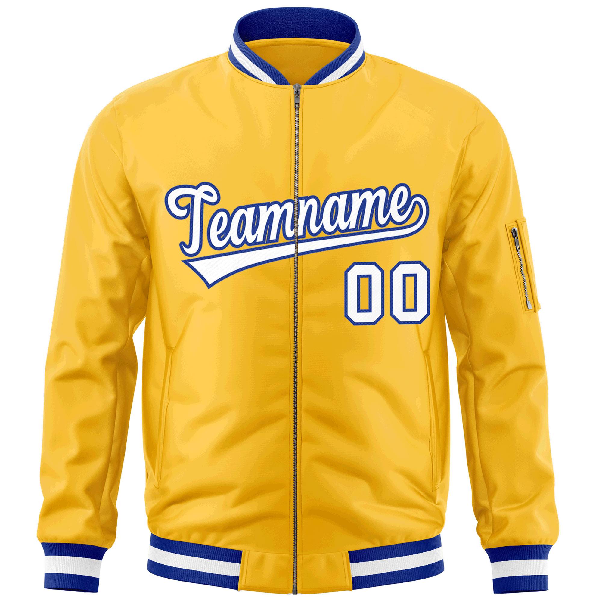 Custom Gold White-Royal Varsity Full-Zip Letterman Bomber Jacket