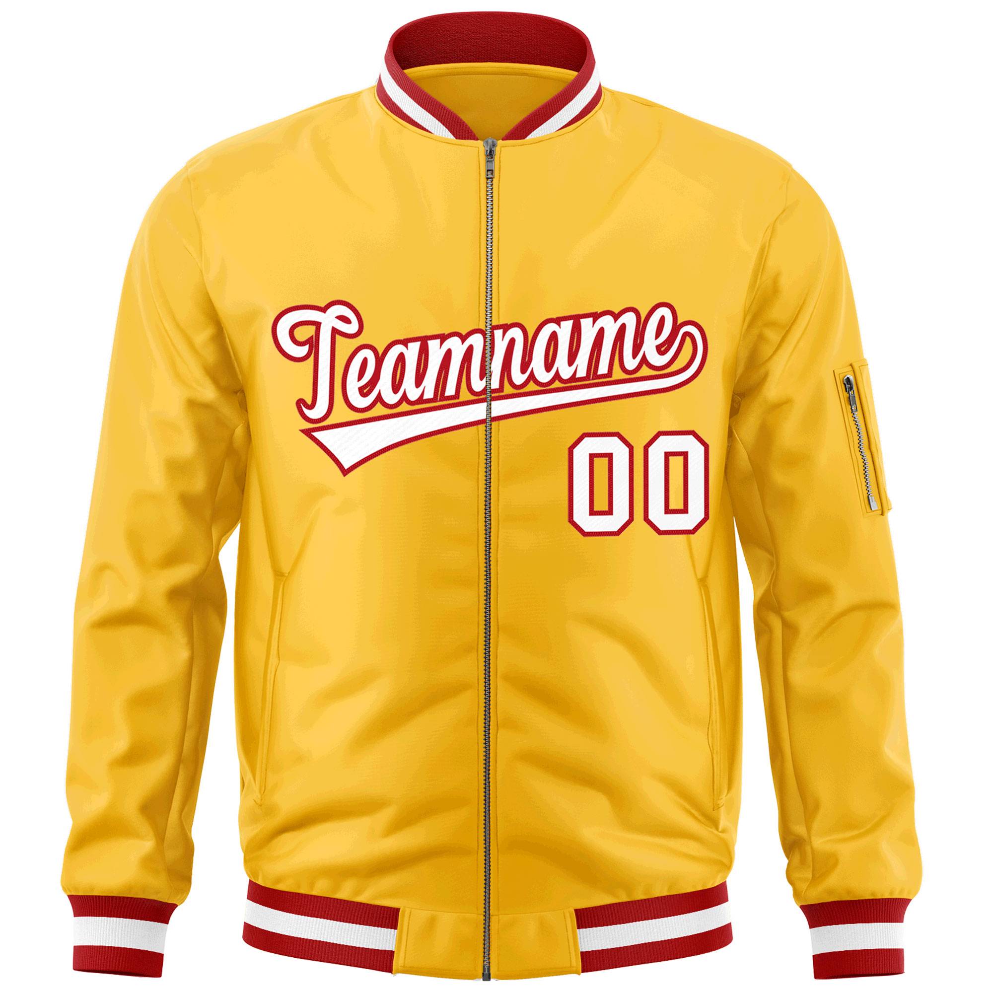 Custom Gold White-Red Varsity Full-Zip Letterman Bomber Jacket