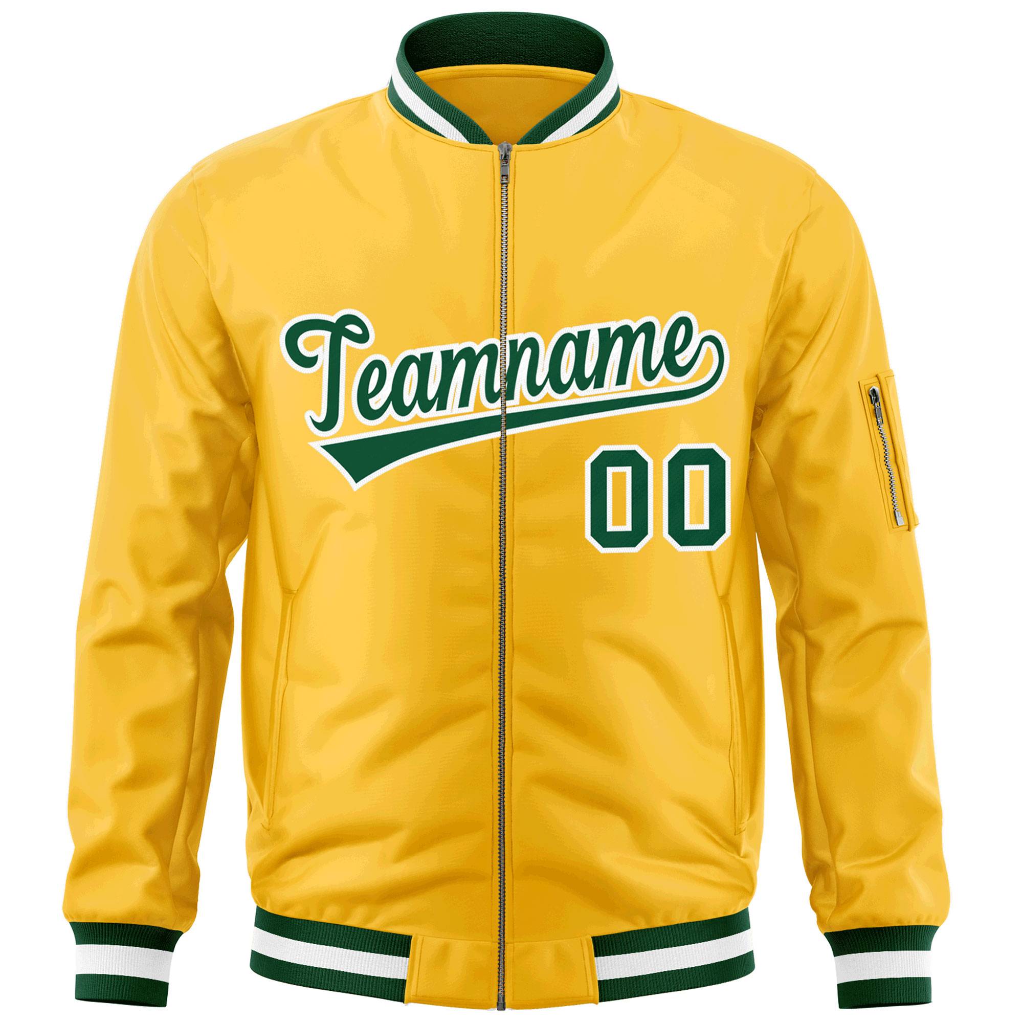 Custom Gold Green-White Varsity Full-Zip Letterman Bomber Jacket