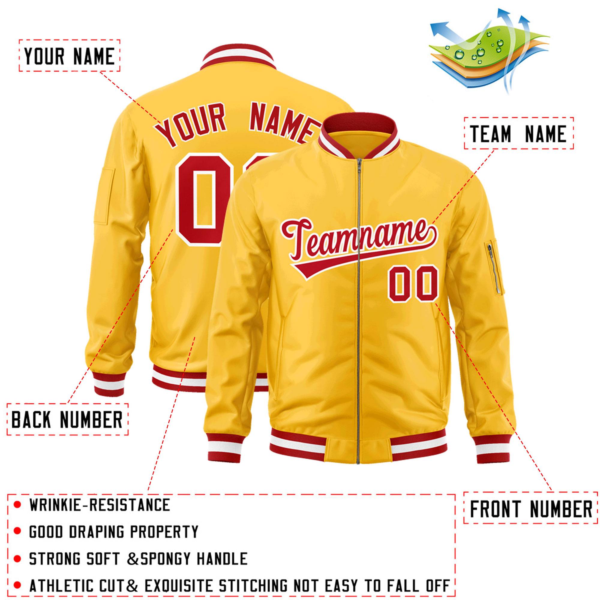 Custom Gold Red-White Varsity Full-Zip Letterman Bomber Jacket