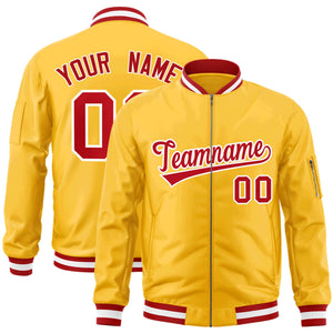 Custom Gold Red-White Varsity Full-Zip Letterman Bomber Jacket