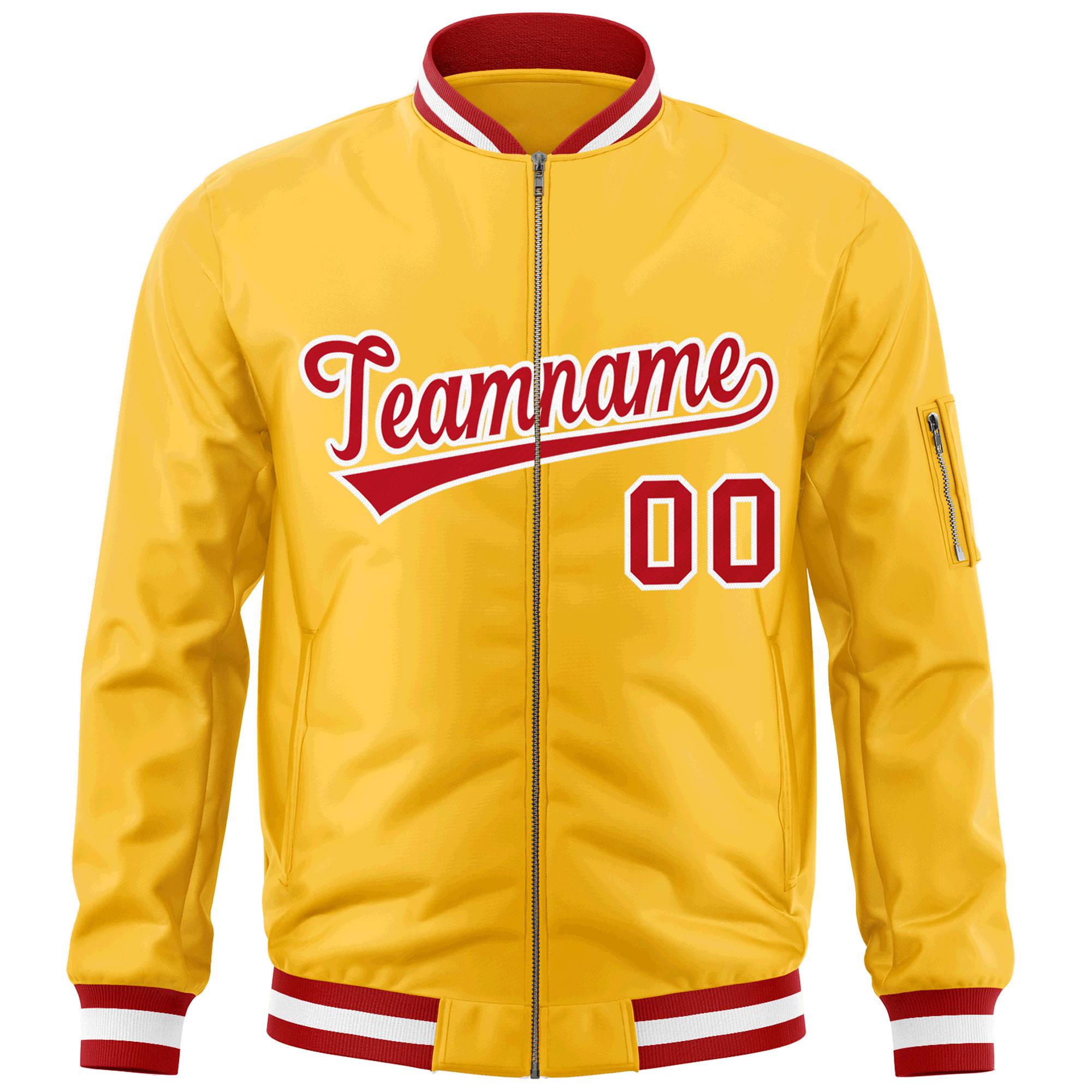 Custom Gold Red-White Varsity Full-Zip Letterman Bomber Jacket