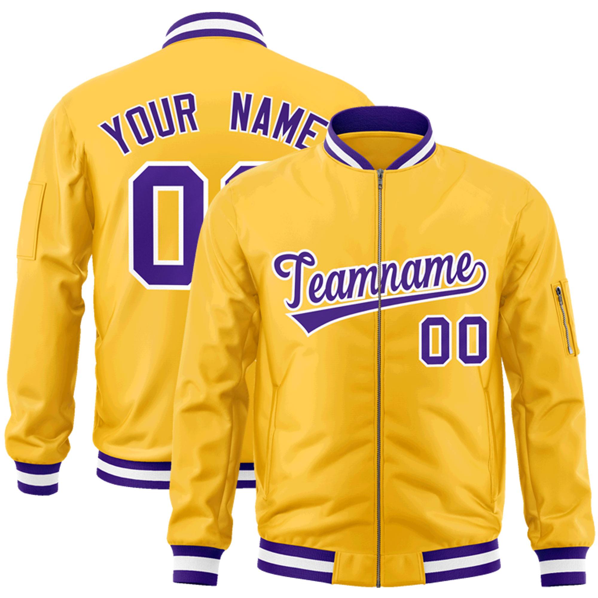 Custom Gold Purple-White Varsity Full-Zip Letterman Bomber Jacket