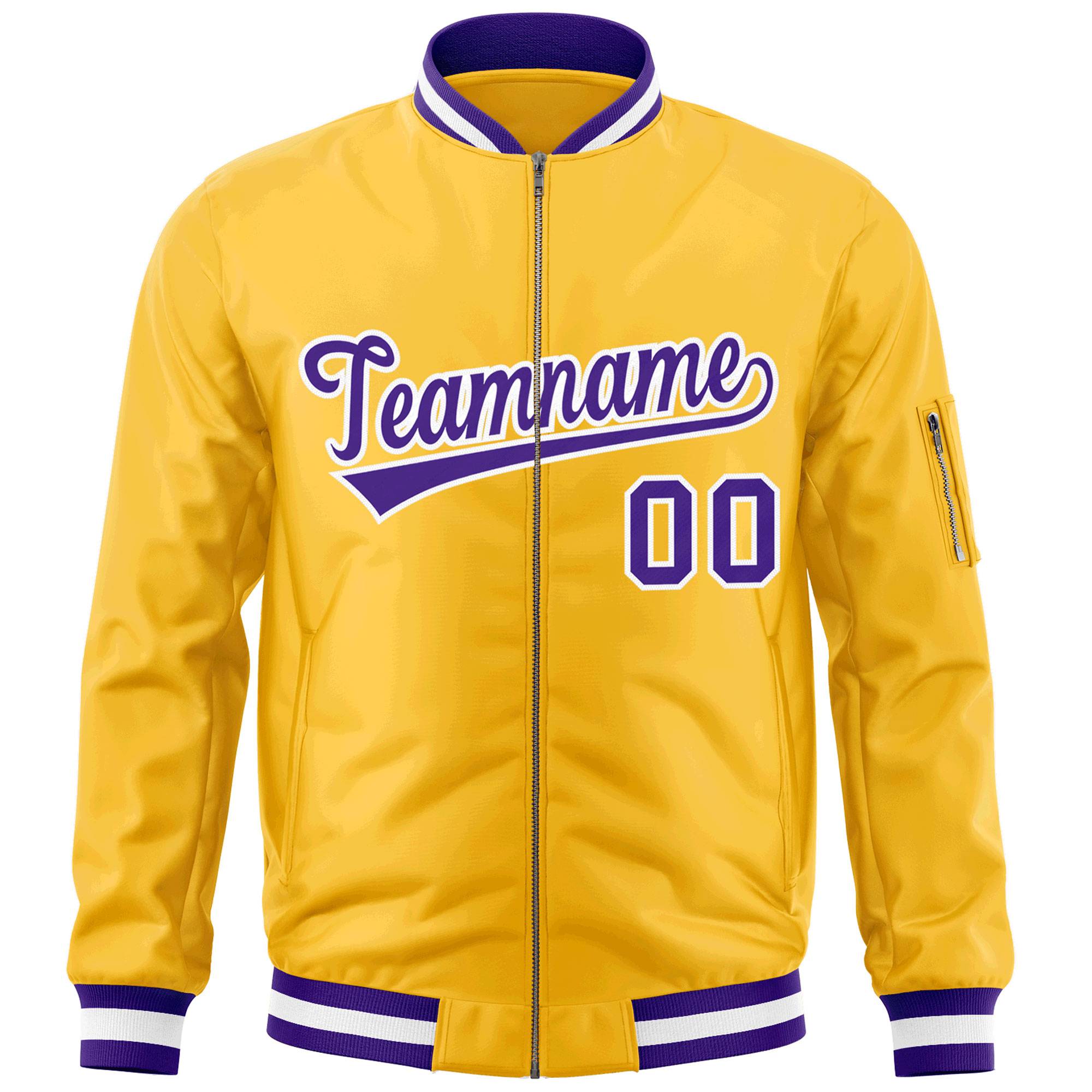 Custom Gold Purple-White Varsity Full-Zip Letterman Bomber Jacket