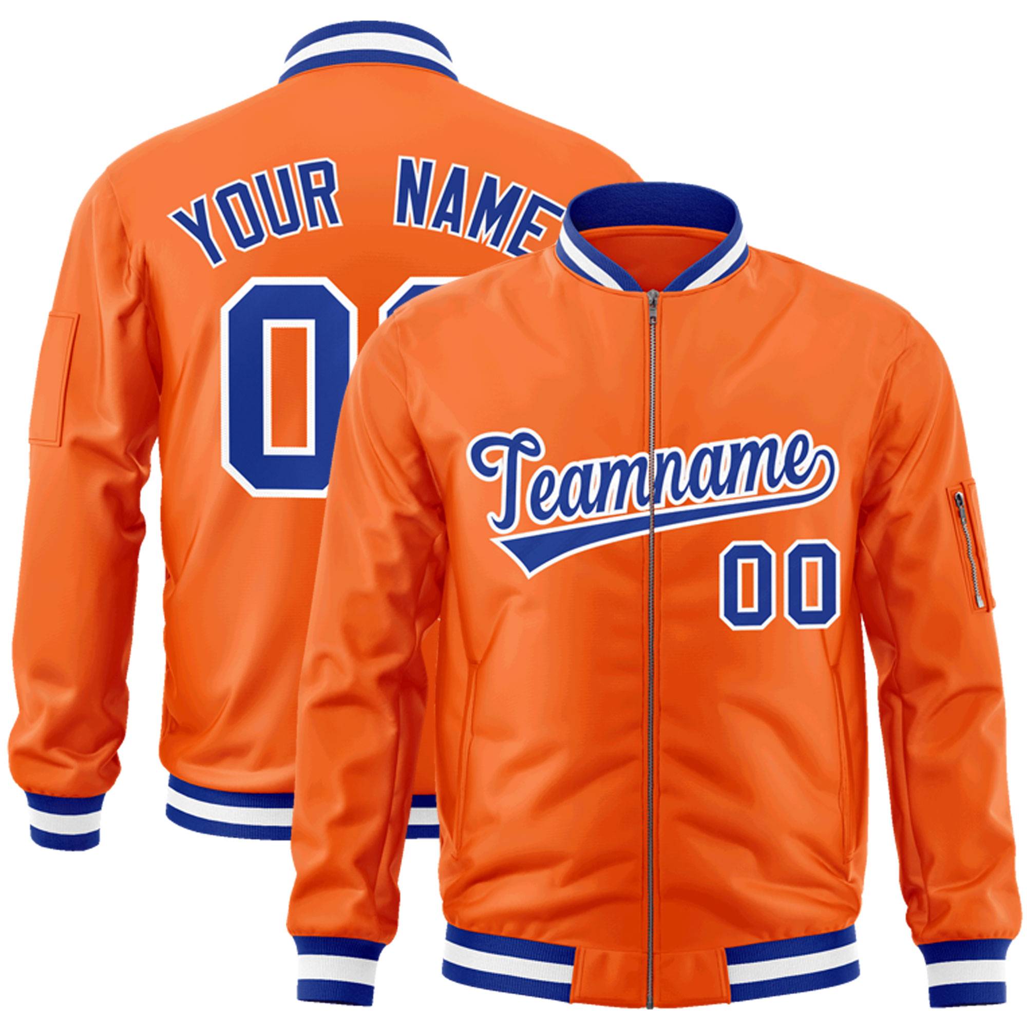 Custom Orange Royal-White Varsity Full-Zip Letterman Bomber Jacket