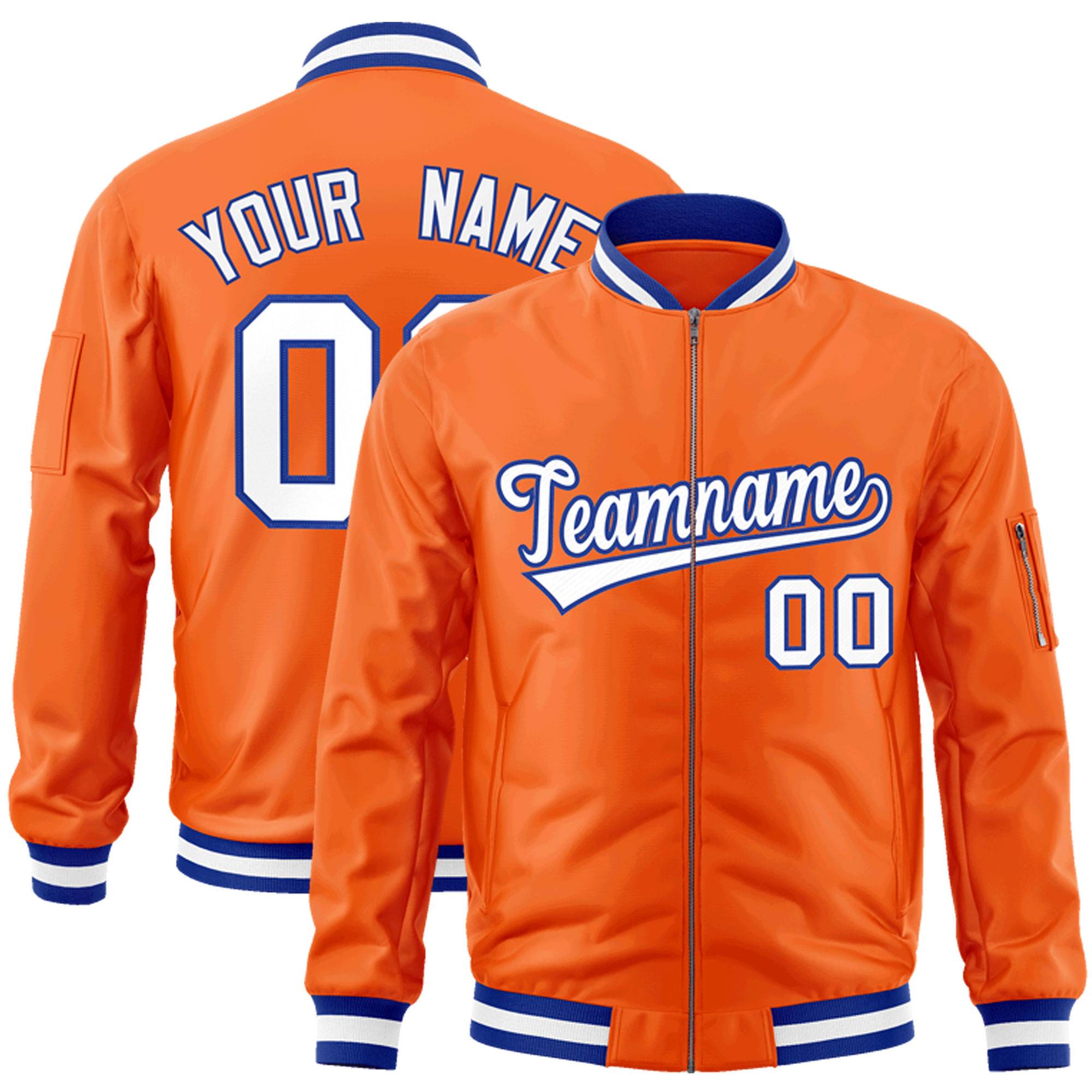 Custom Orange White-Royal Varsity Full-Zip Letterman Bomber Jacket