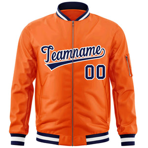 Custom Orange Navy-White Varsity Full-Zip Letterman Bomber Jacket