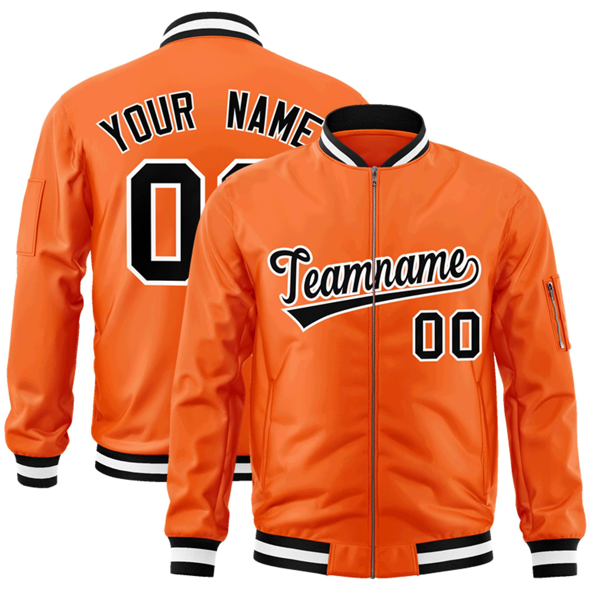 Custom Orange Black-White Varsity Full-Zip Letterman Bomber Jacket