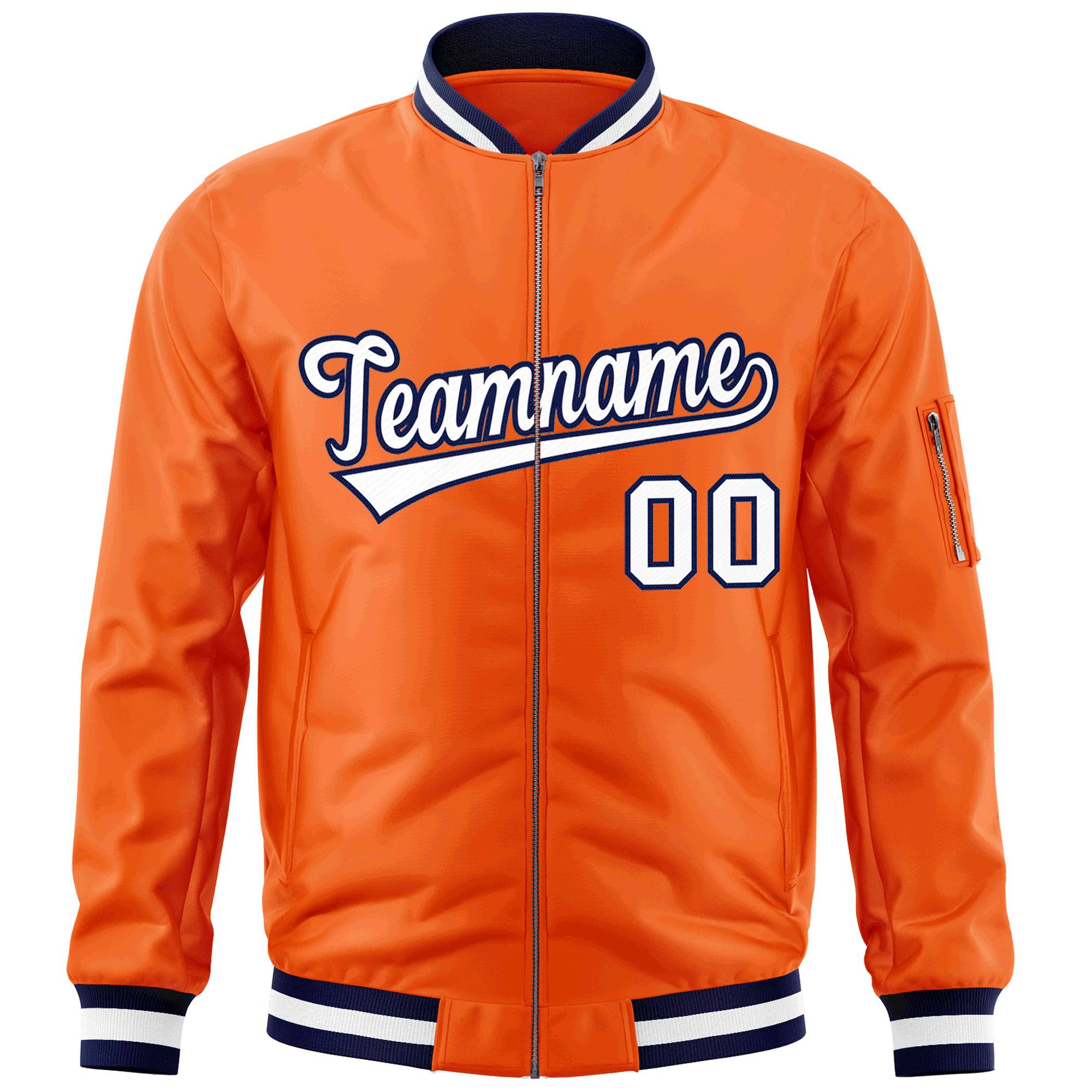 Custom Orange White-Navy Varsity Full-Zip Letterman Bomber Jacket