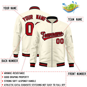 Custom Cream Red-Black Varsity Full-Zip Letterman Bomber Jacket