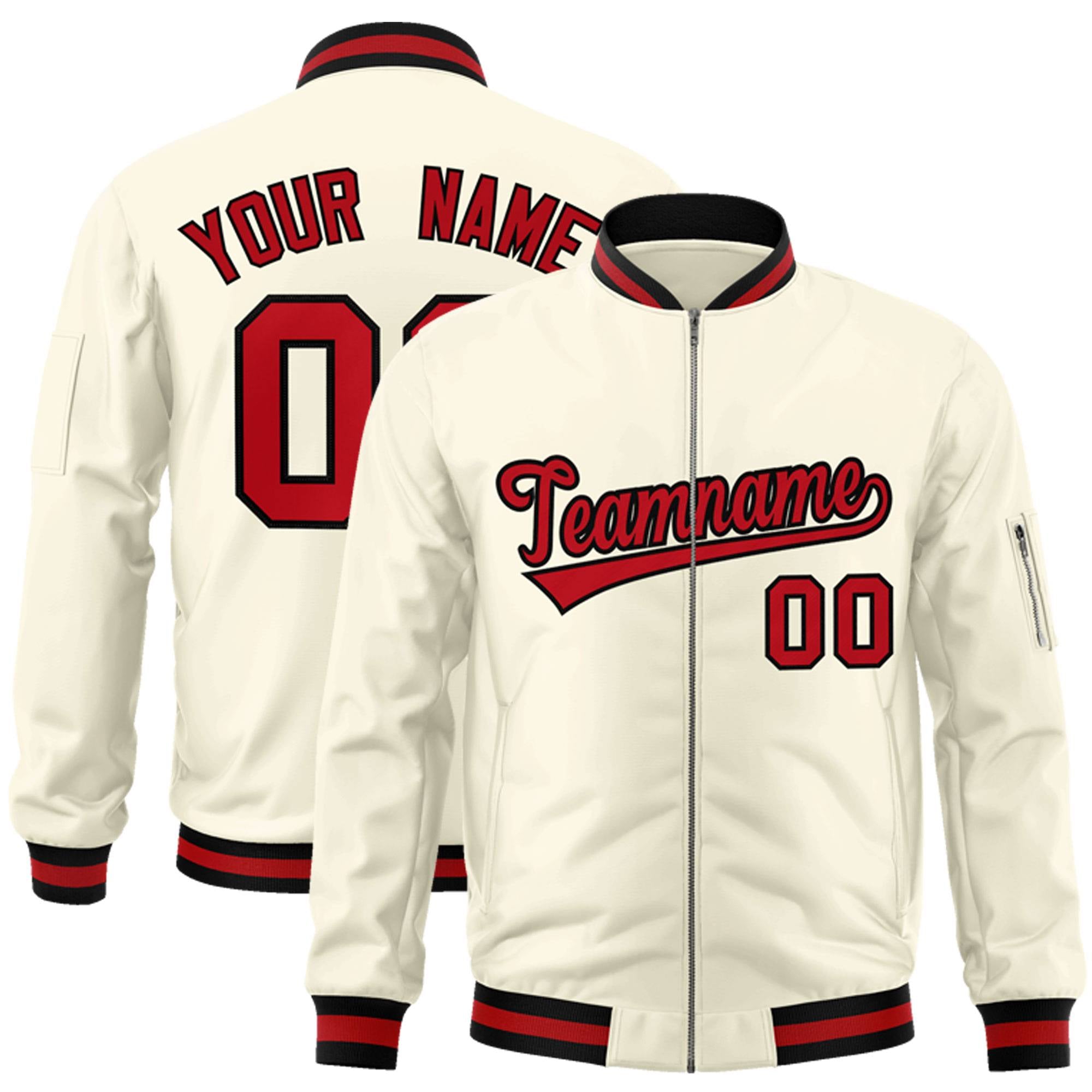 Custom Cream Red-Black Varsity Full-Zip Letterman Bomber Jacket