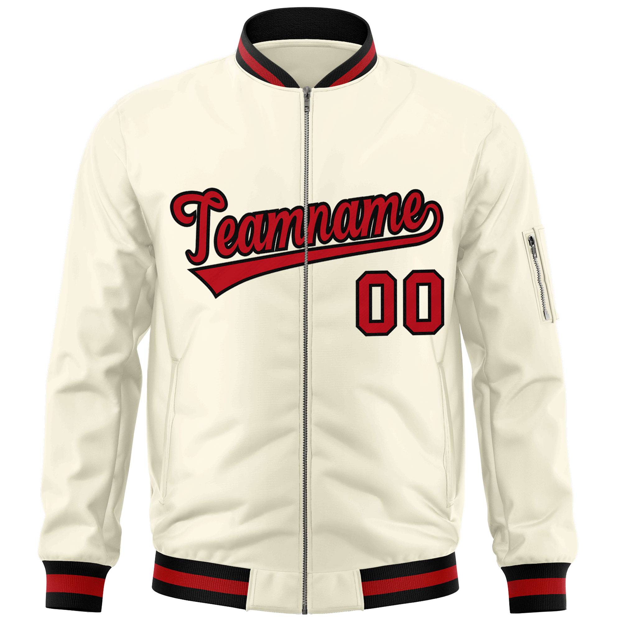 Custom Cream Red-Black Varsity Full-Zip Letterman Bomber Jacket