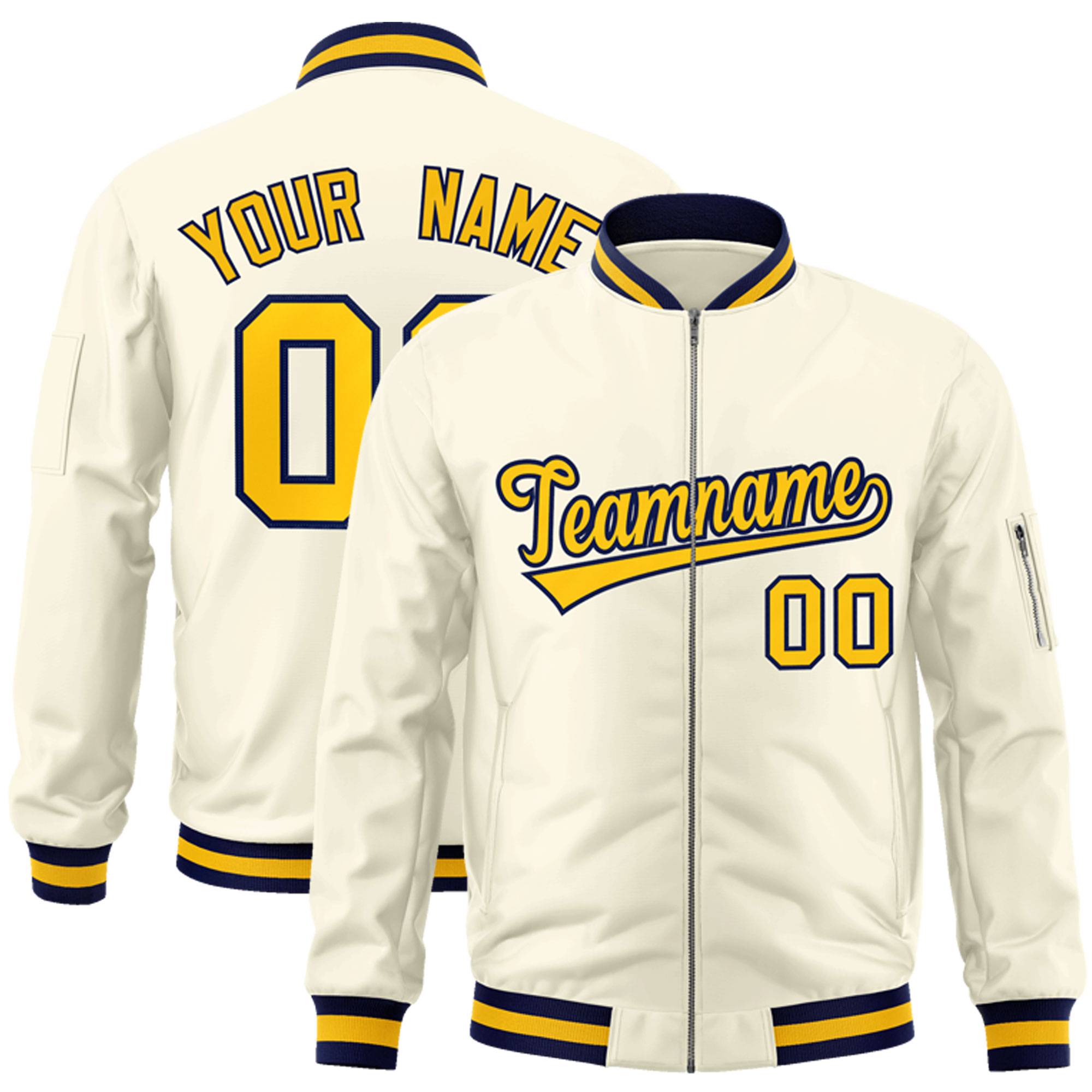 Custom Cream Yellow-Navy Varsity Full-Zip Letterman Bomber Jacket