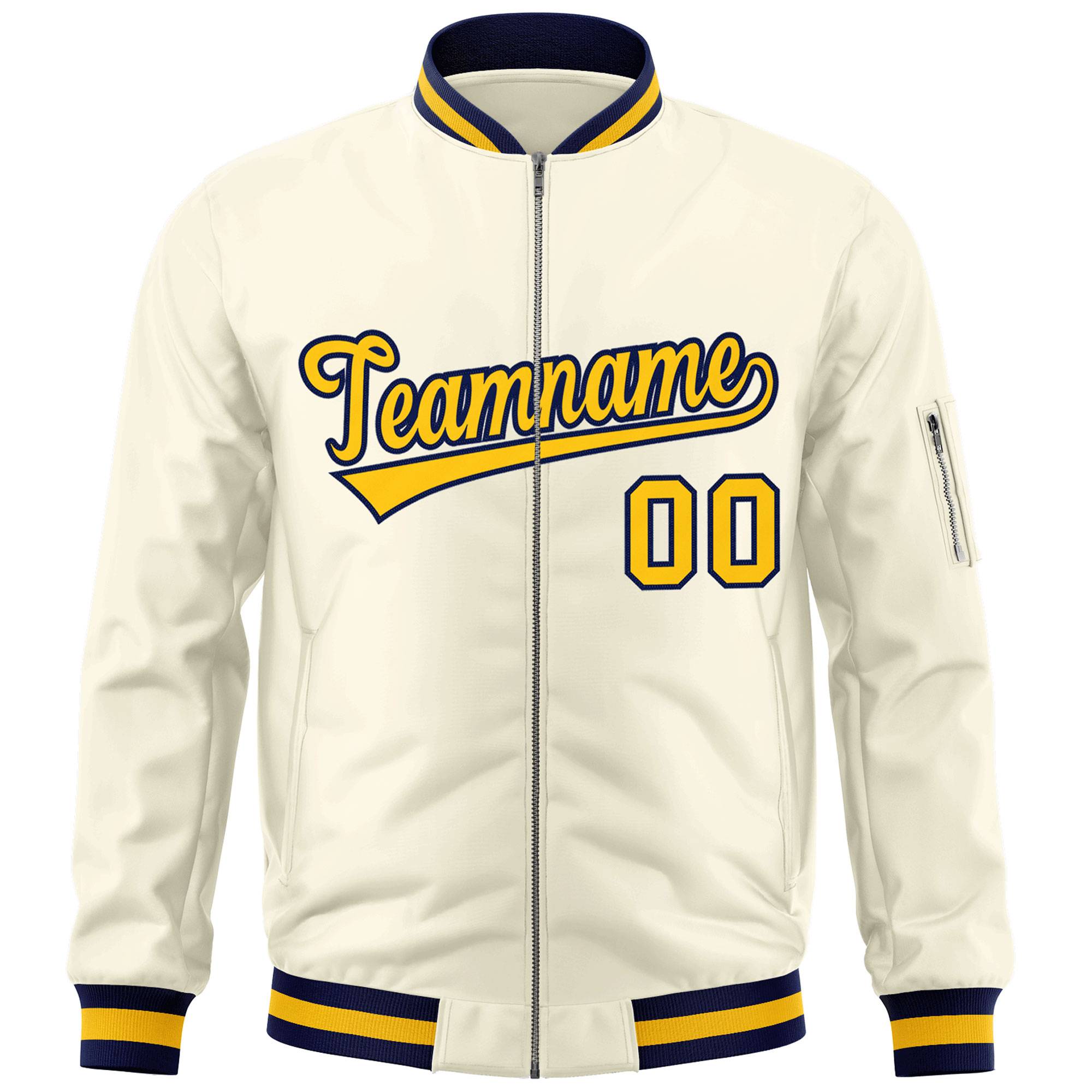 Custom Cream Yellow-Navy Varsity Full-Zip Letterman Bomber Jacket