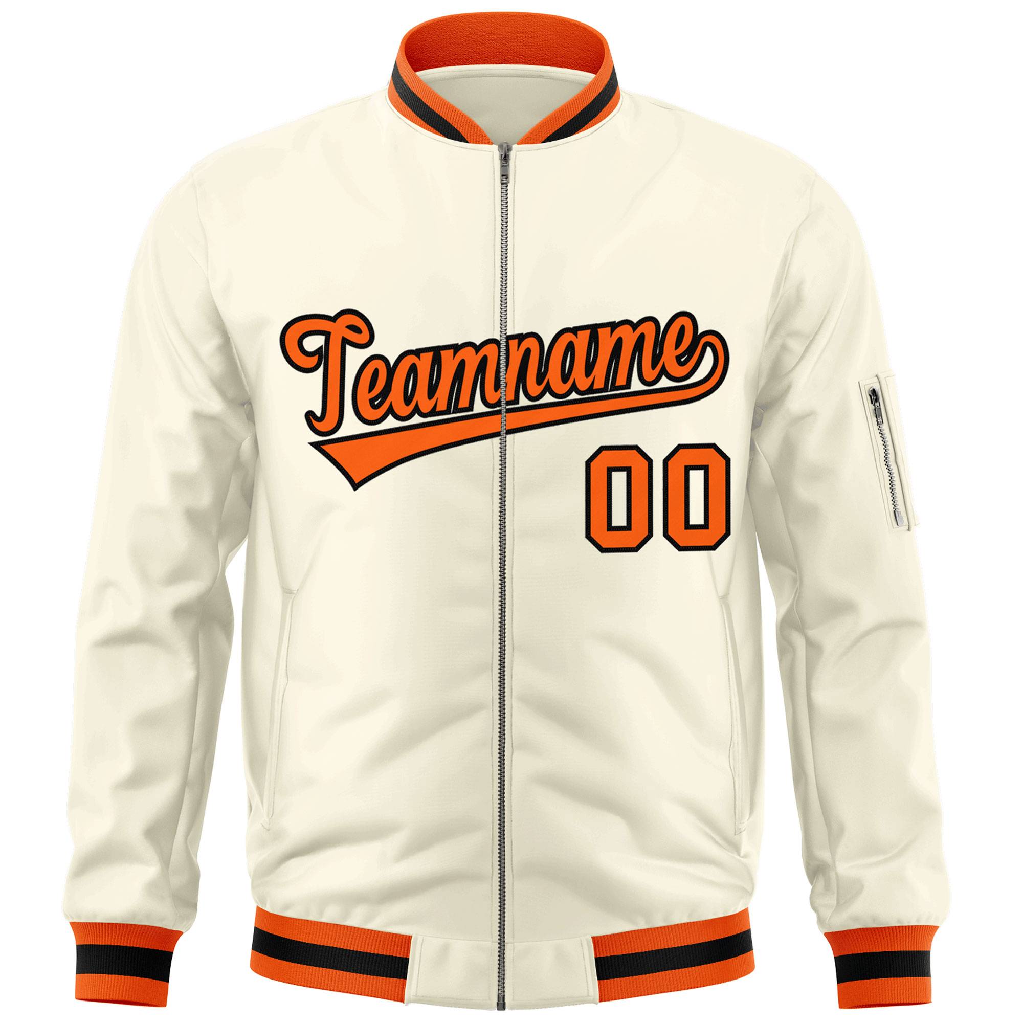 Custom Cream Orange-Black Varsity Full-Zip Letterman Bomber Jacket