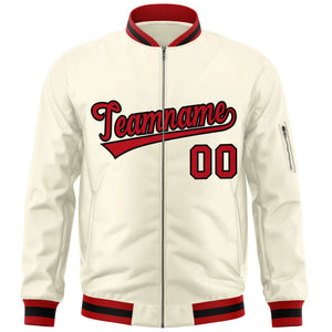 Custom Cream Red-Black Varsity Full-Zip Letterman Bomber Jacket