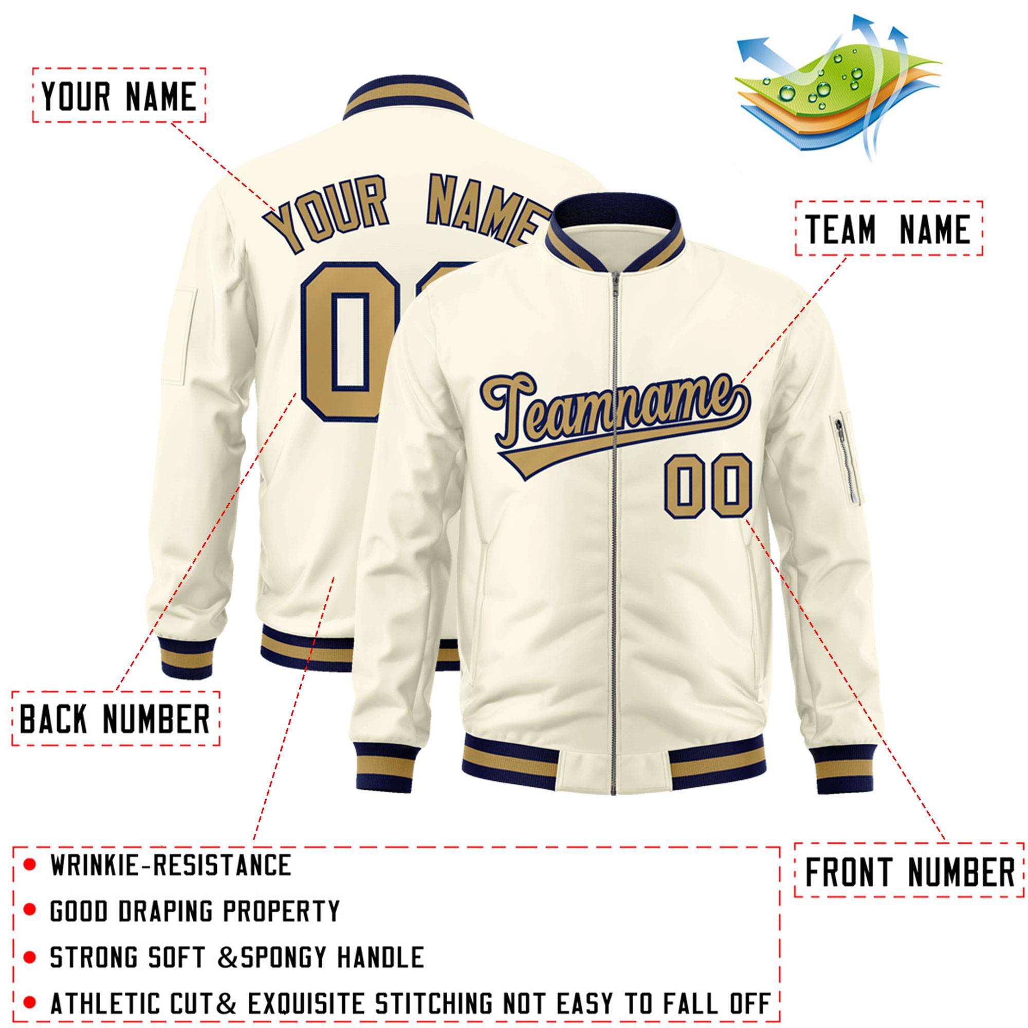 Custom Cream Old Gold-Navy Varsity Full-Zip Letterman Bomber Jacket