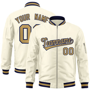 Custom Cream Old Gold-Navy Varsity Full-Zip Letterman Bomber Jacket