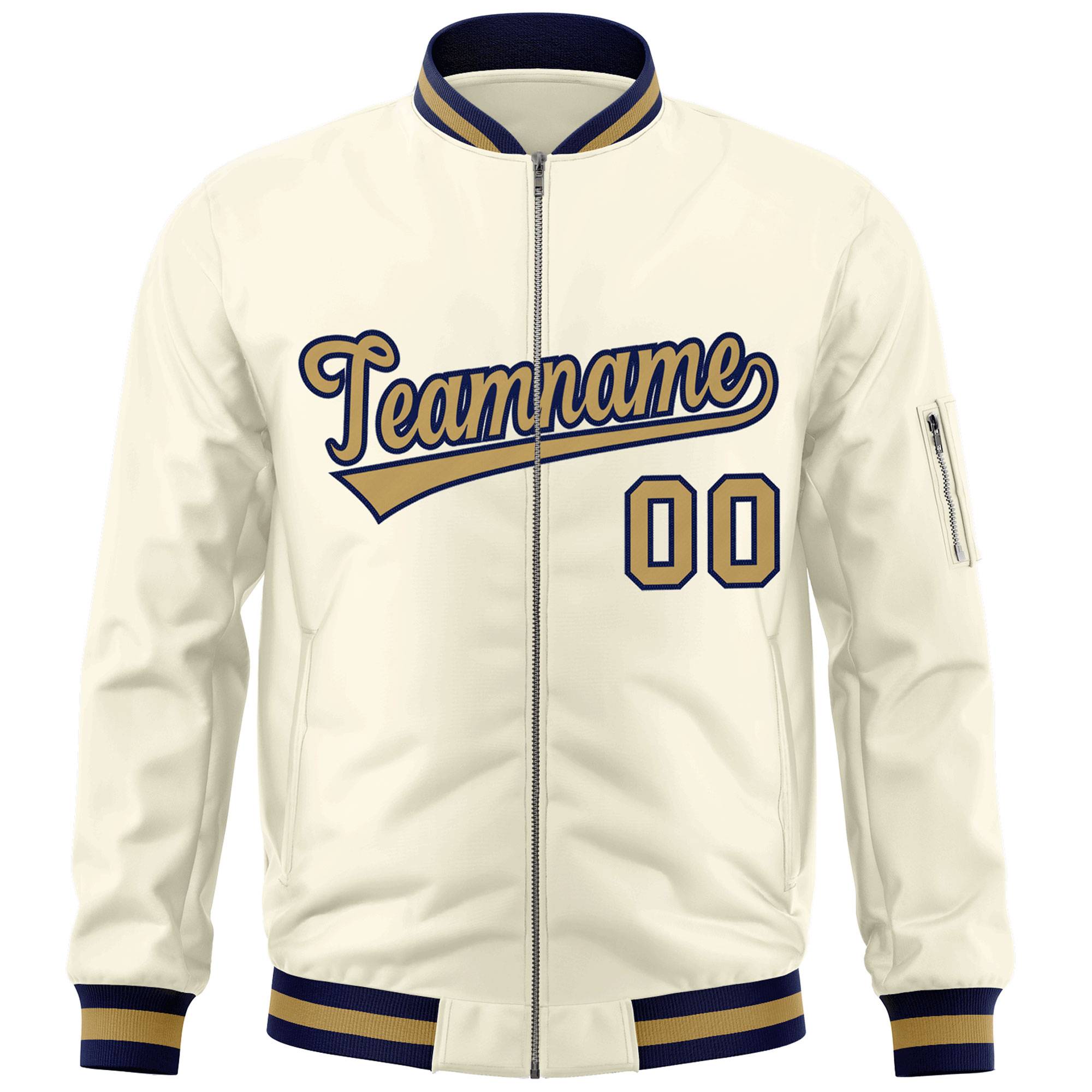 Custom Cream Old Gold-Navy Varsity Full-Zip Letterman Bomber Jacket