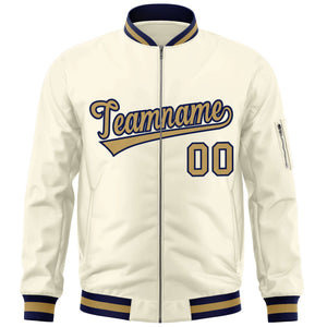 Custom Cream Old Gold-Navy Varsity Full-Zip Letterman Bomber Jacket