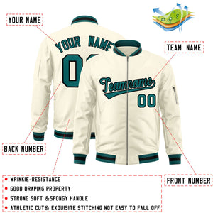 Custom Cream Aqua-Black Varsity Full-Zip Letterman Bomber Jacket