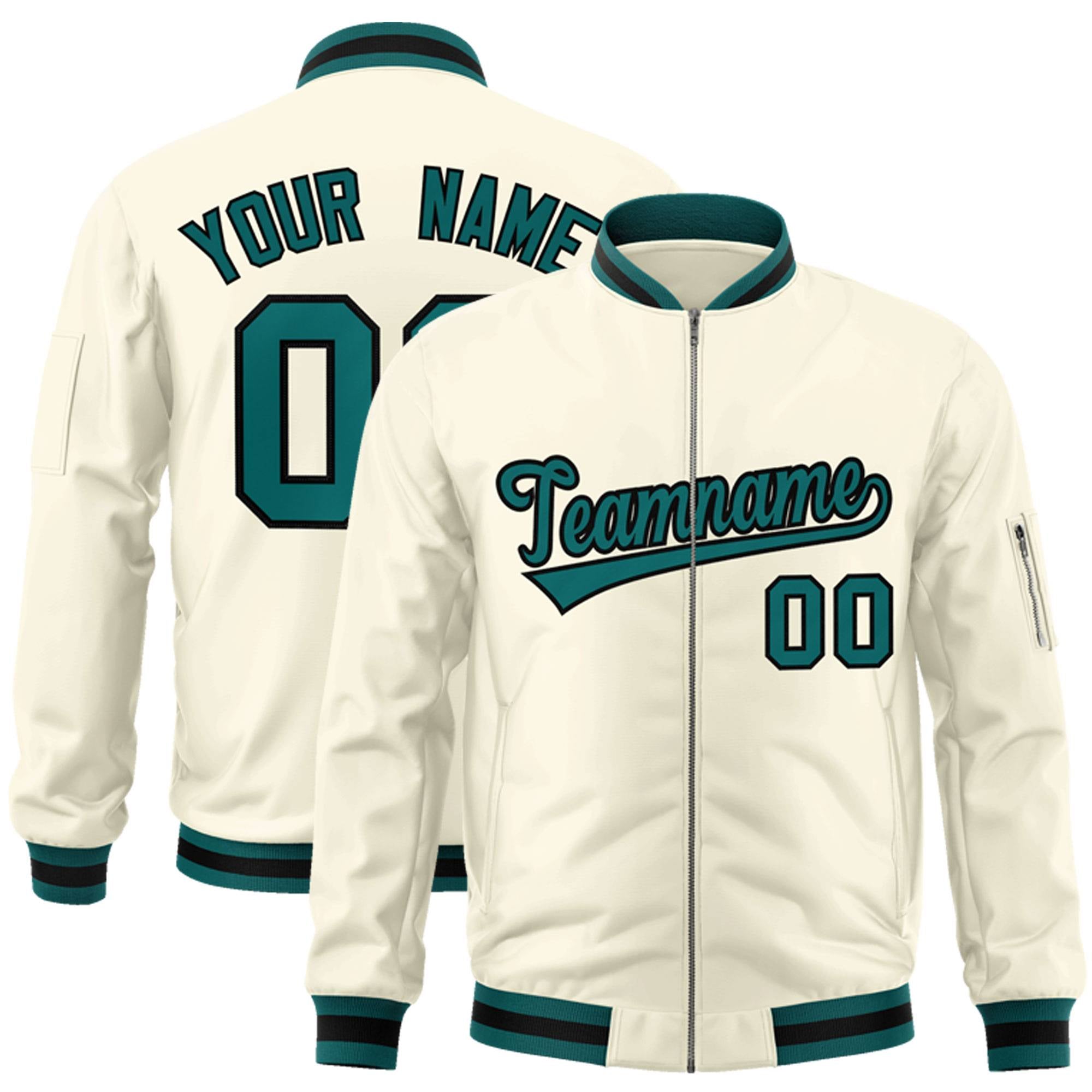 Custom Cream Aqua-Black Varsity Full-Zip Letterman Bomber Jacket