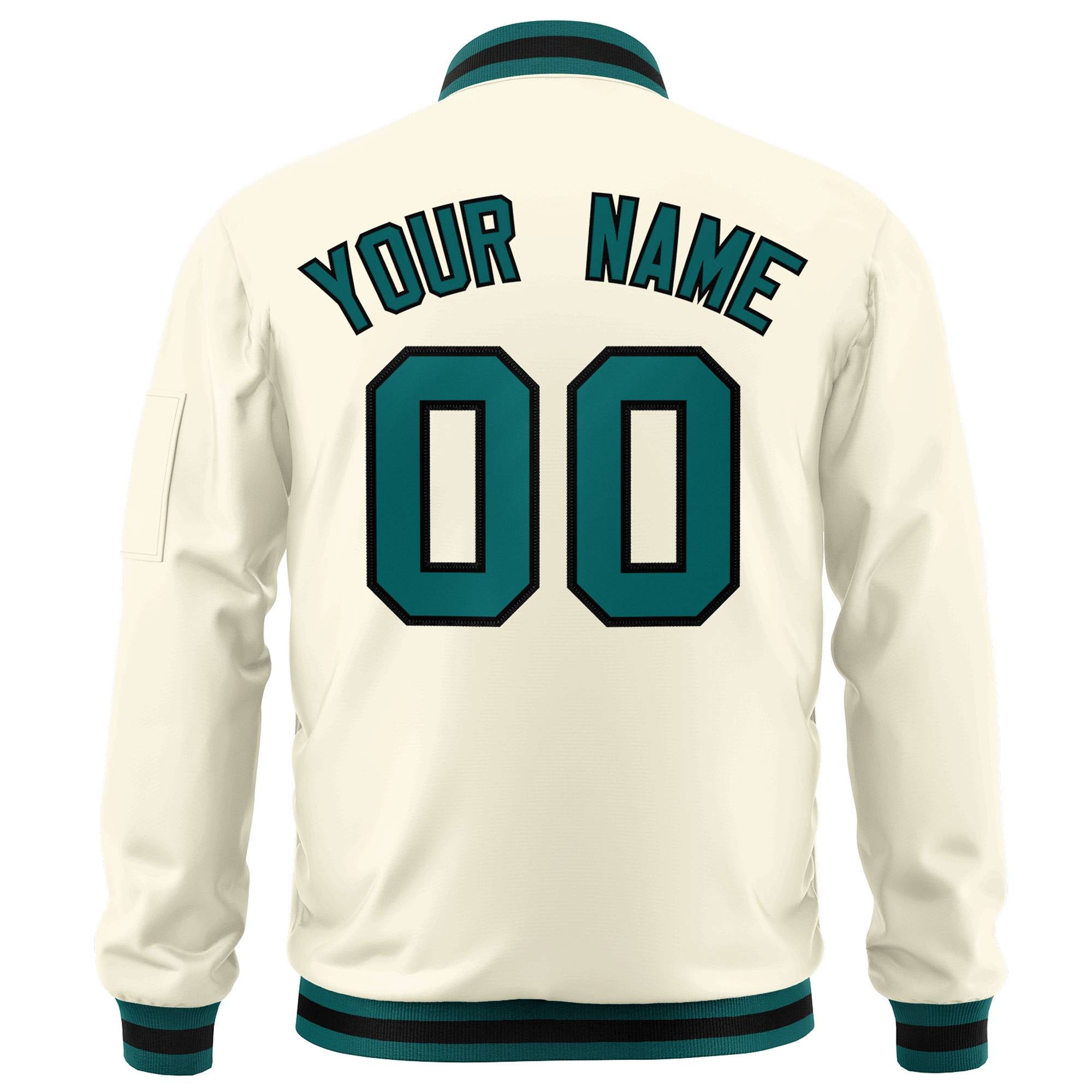 Custom Cream Aqua-Black Varsity Full-Zip Letterman Bomber Jacket