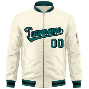 Custom Cream Aqua-Black Varsity Full-Zip Letterman Bomber Jacket