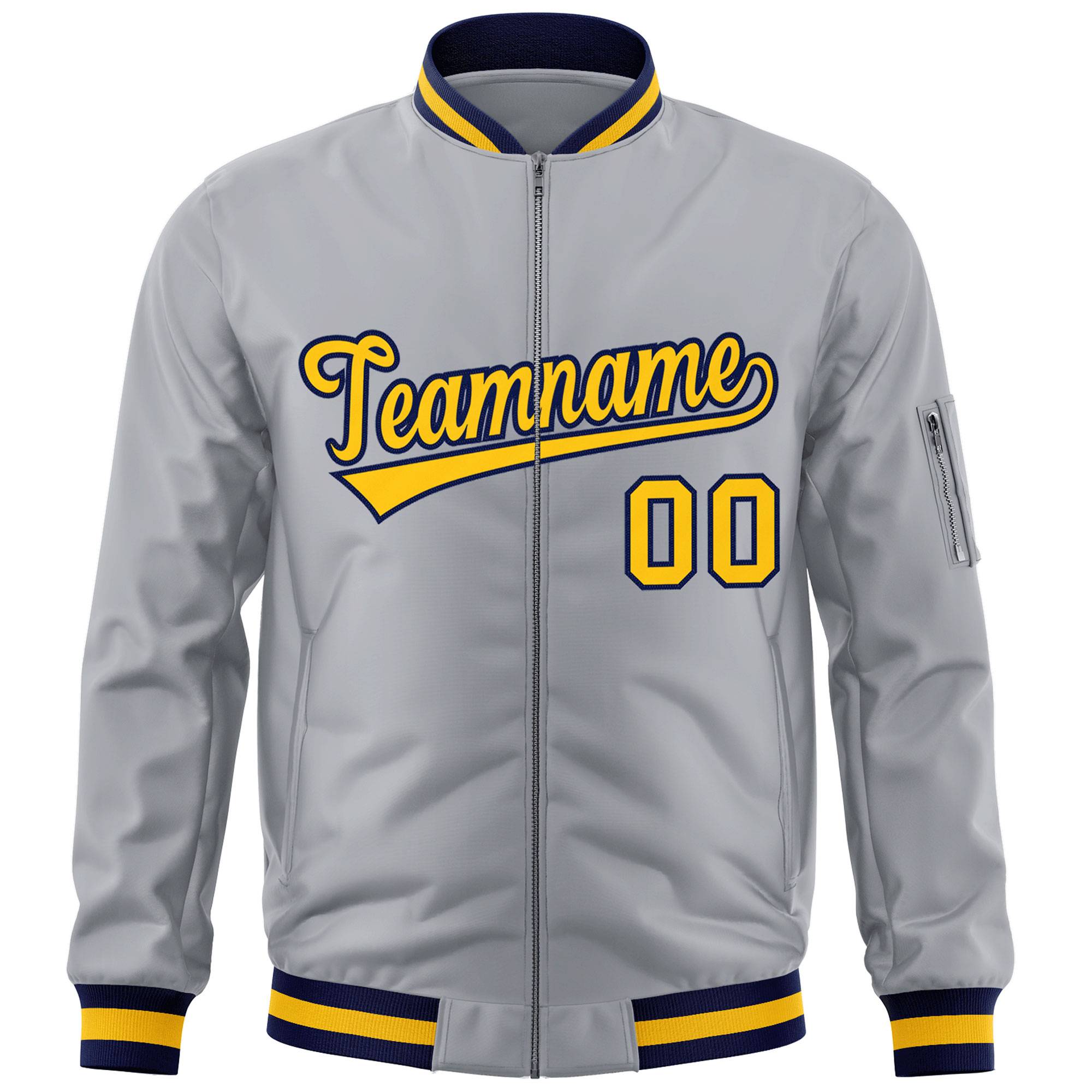 Custom Gray Gold-Navy Varsity Full-Zip Letterman Bomber Jacket