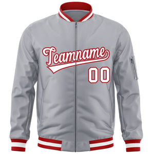 Custom Gray White-Red Varsity Full-Zip Letterman Bomber Jacket