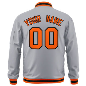 Custom Gray Orange-Black Varsity Full-Zip Letterman Bomber Jacket