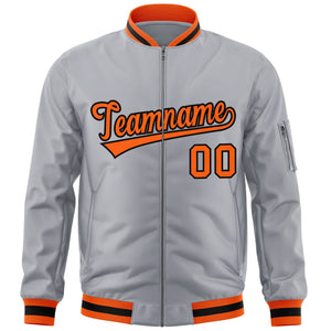 Custom Gray Orange-Black Varsity Full-Zip Letterman Bomber Jacket