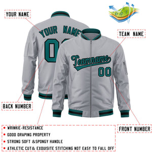 Custom Gray Aqua-Black Varsity Full-Zip Letterman Bomber Jacket