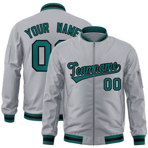 Custom Gray Aqua-Black Varsity Full-Zip Letterman Bomber Jacket