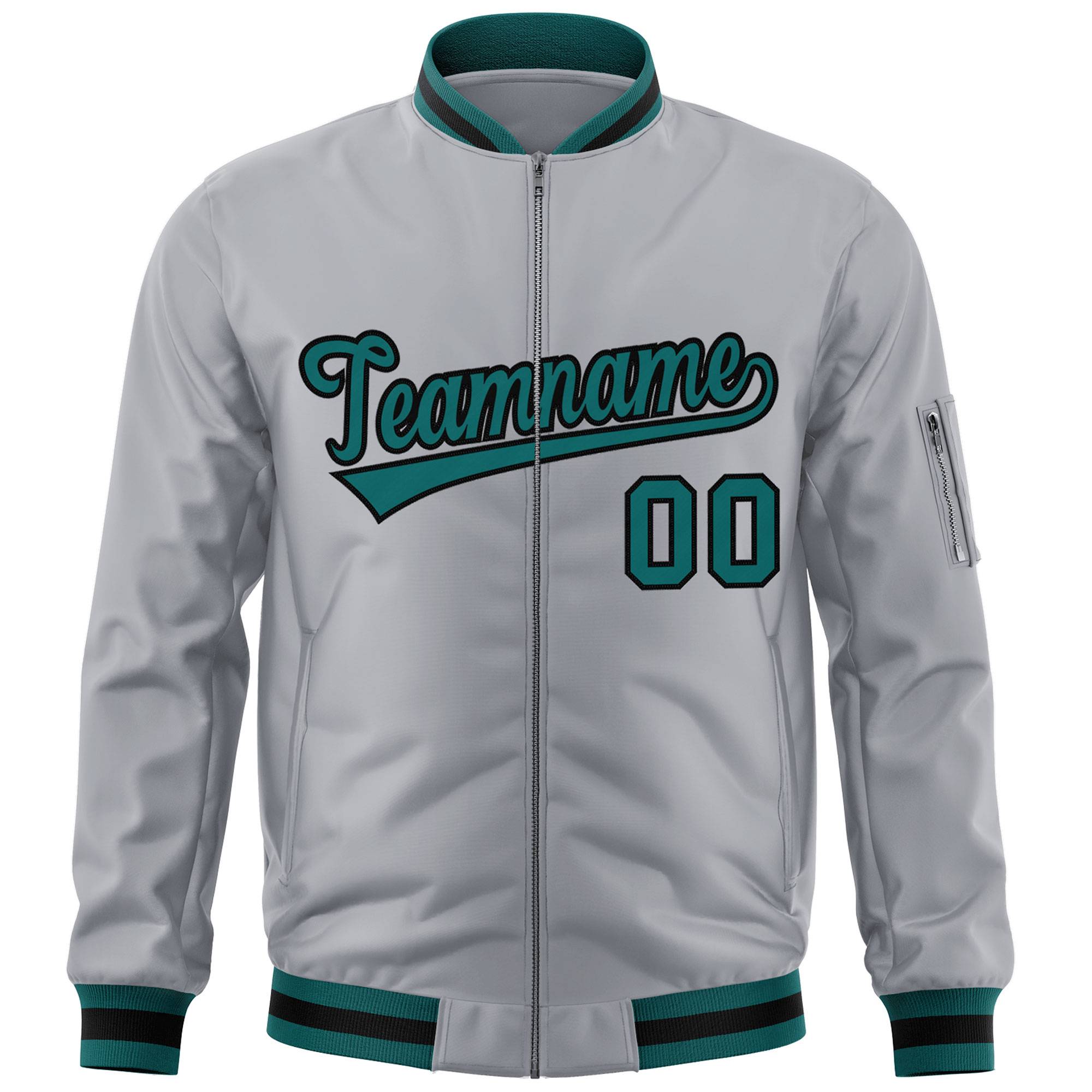 Custom Gray Aqua-Black Varsity Full-Zip Letterman Bomber Jacket