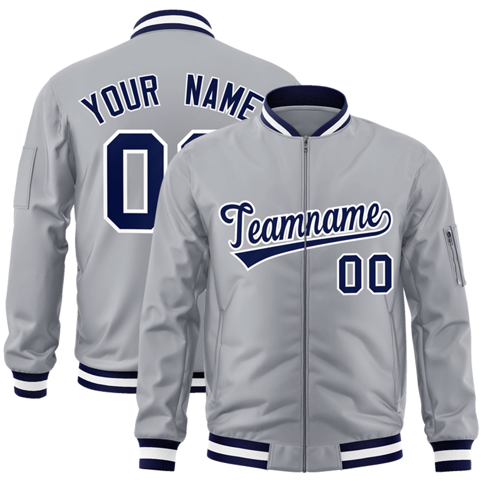 Custom Gray Navy-White Varsity Full-Zip Letterman Bomber Jacket