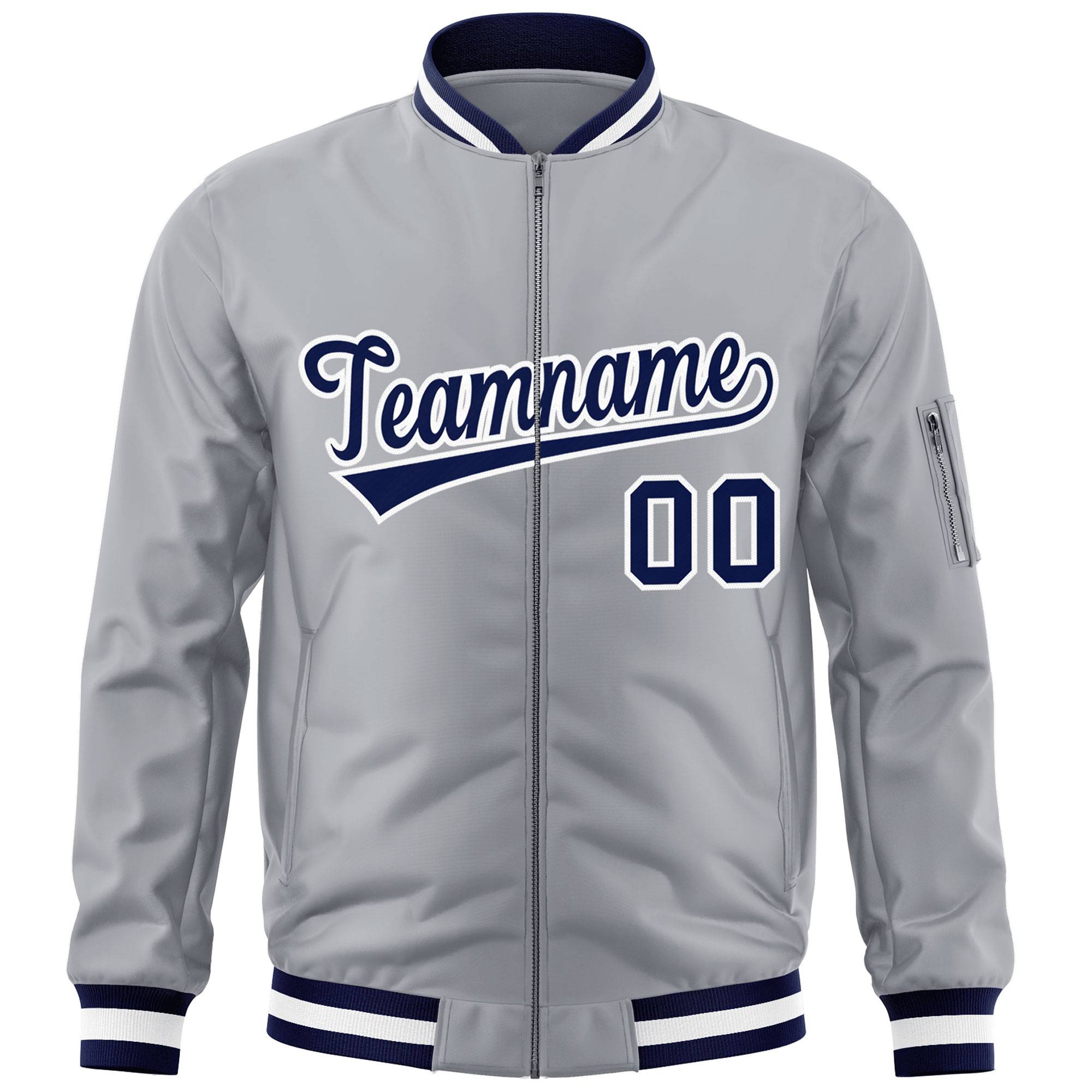 Custom Gray Navy-White Varsity Full-Zip Letterman Bomber Jacket