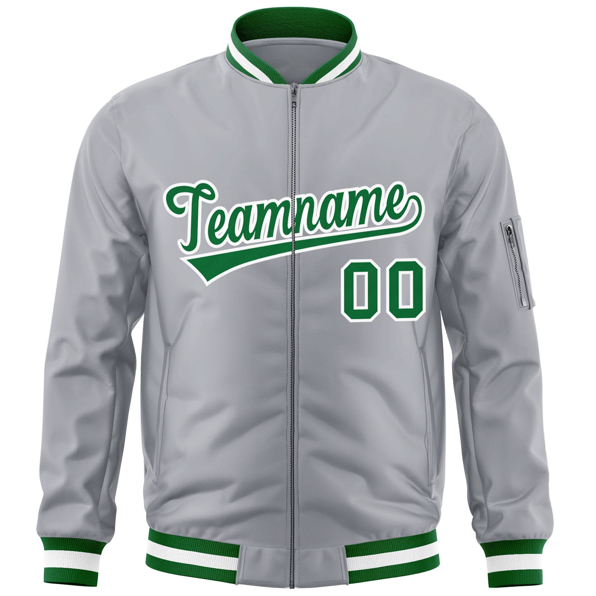 Custom Gray Kelly Green-White Varsity Full-Zip Letterman Bomber Jacket