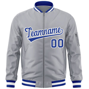 Custom Gray Royal-White Varsity Full-Zip Letterman Bomber Jacket