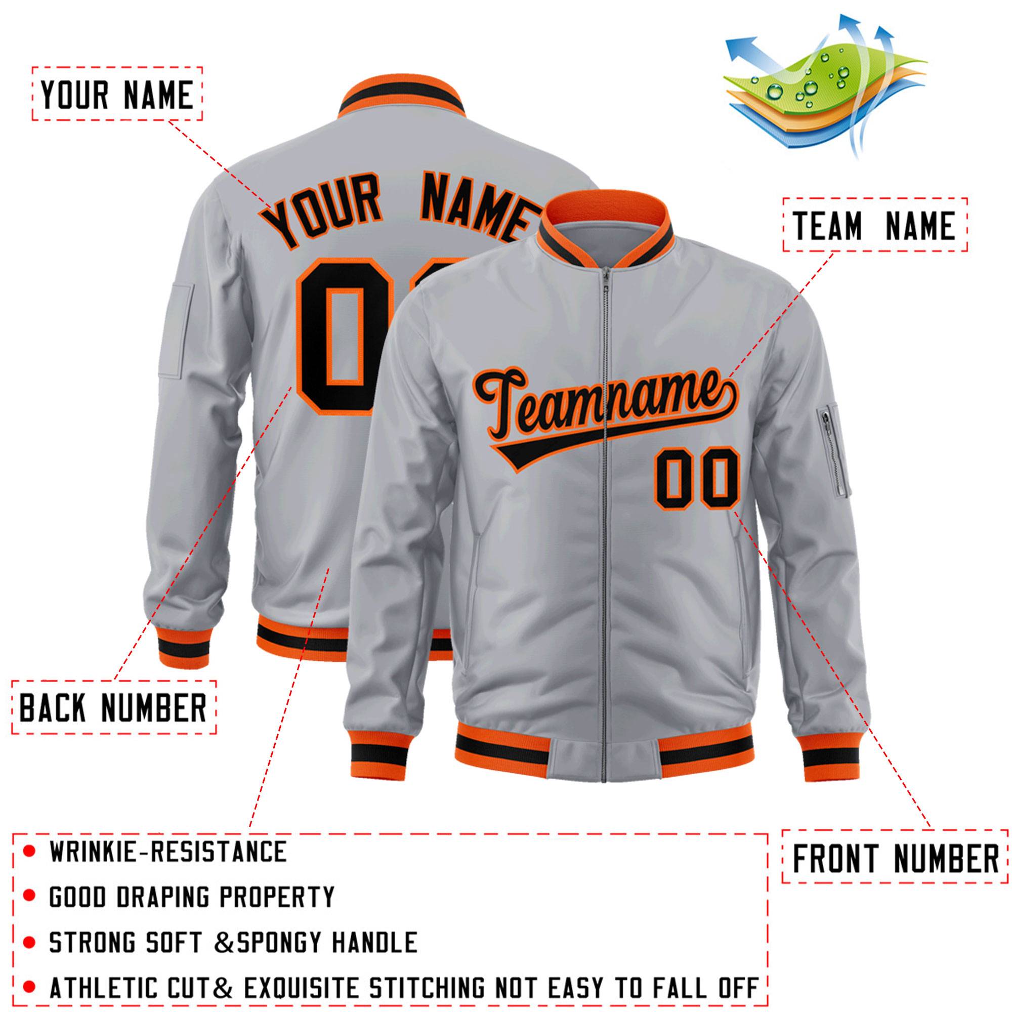 Custom Gray Black-Orange Varsity Full-Zip Letterman Bomber Jacket